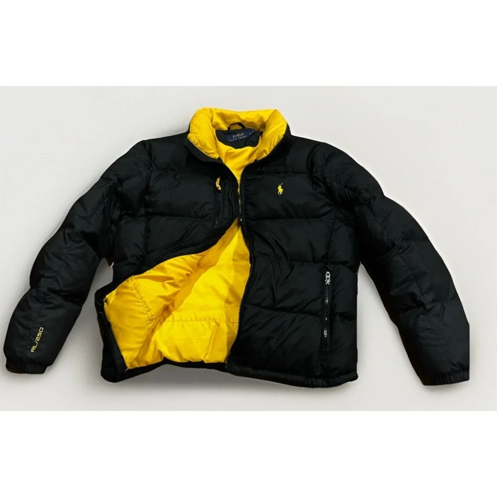 Polo Ralph Lauren Down Puffer Jacket 250 Black Yellow Men L Talon Sportsman RRL